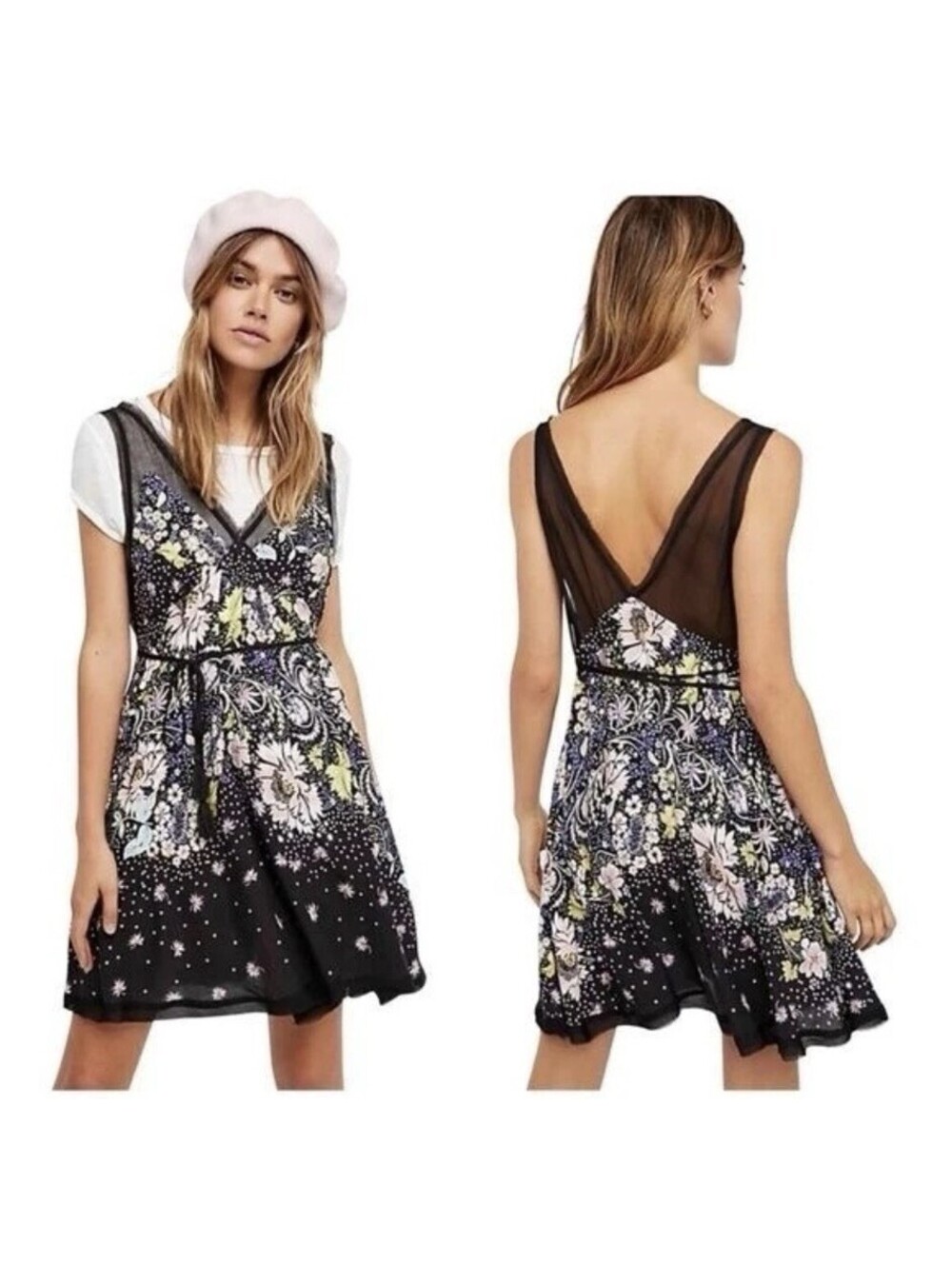 NWT Free People Intimately Black Floral Printed Slip Mini Dress Boho Sheer XS